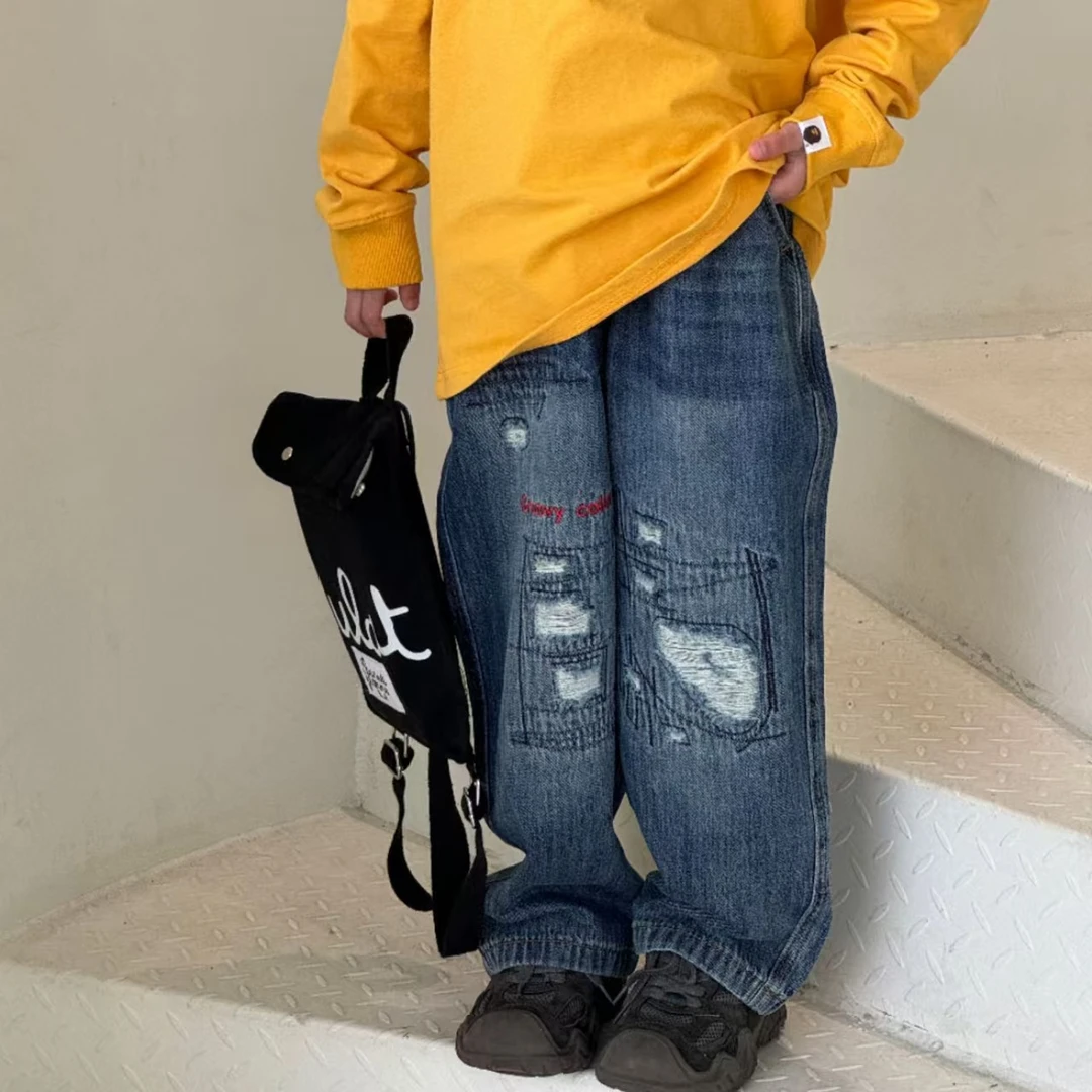 [一彩妈】25新款 儿童新年快乐破洞牛仔裤 字母刺绣重工水洗牛仔裤