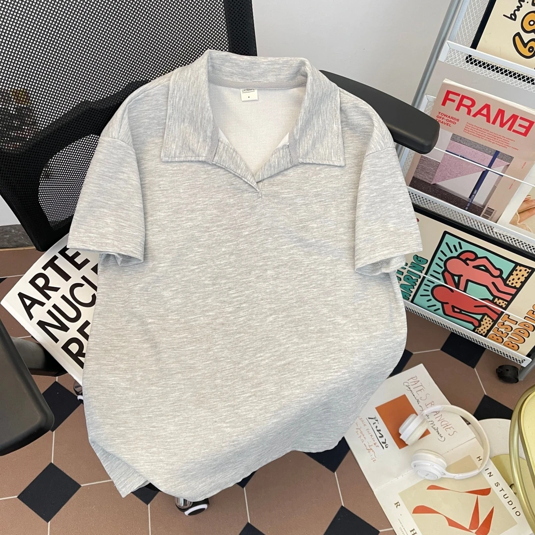 美式重磅灰色POLO衫短袖男女夏季高级感穿搭半袖小众设计翻领T恤
