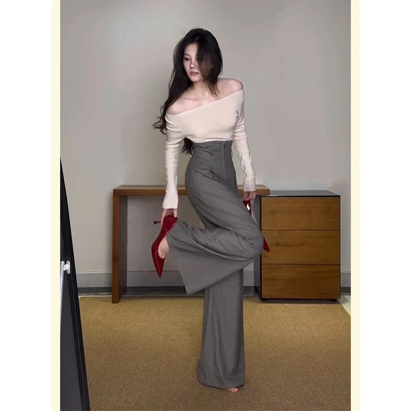 清冷贵气感穿搭气质一字肩露肩针织上衣灰色西装阔腿裤套装女秋季