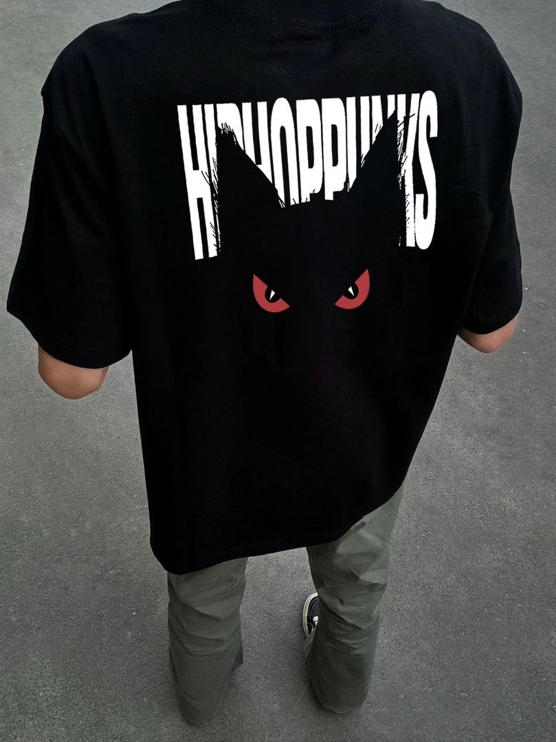 国潮牌美式恶魔猫咪印花重磅纯棉短袖T恤夏季高街vibe男女上衣