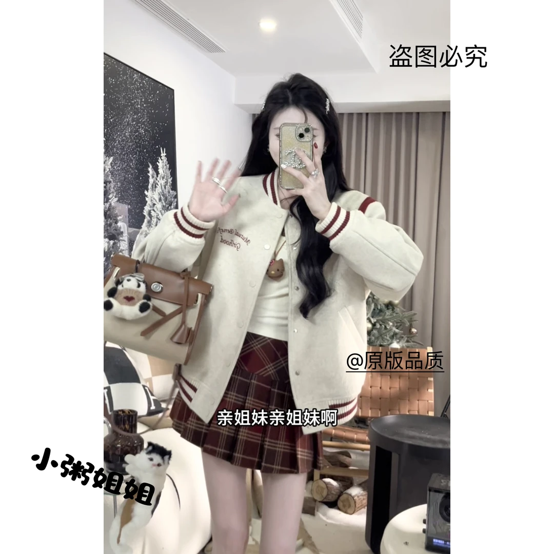 【XZ002】2025新款美式复古棒球服上衣格子百褶裙两件套套装