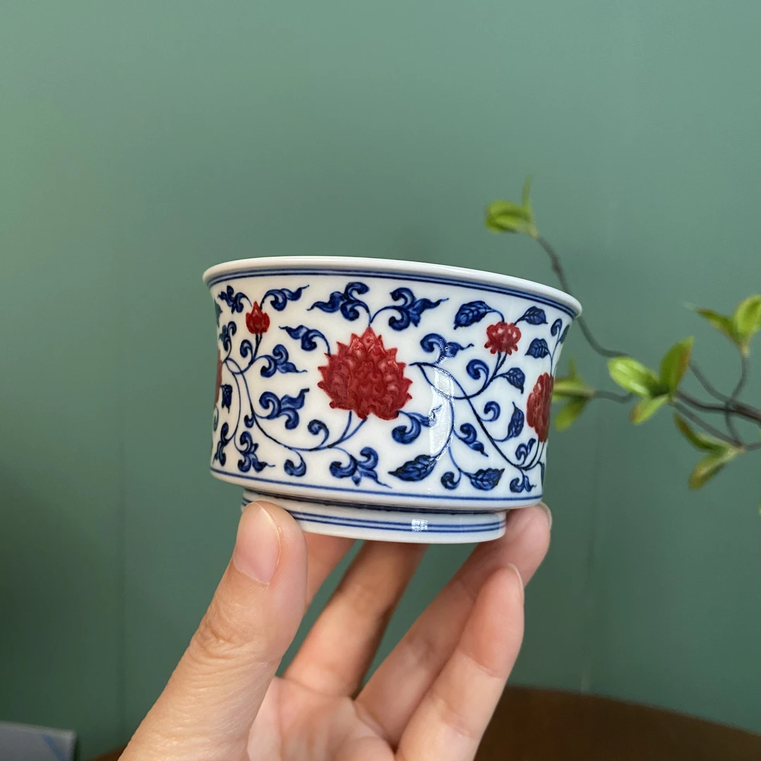 【望月御品】釉里红缠枝莲马蹄杯茶杯景德镇纯手工手绘茶器茶具