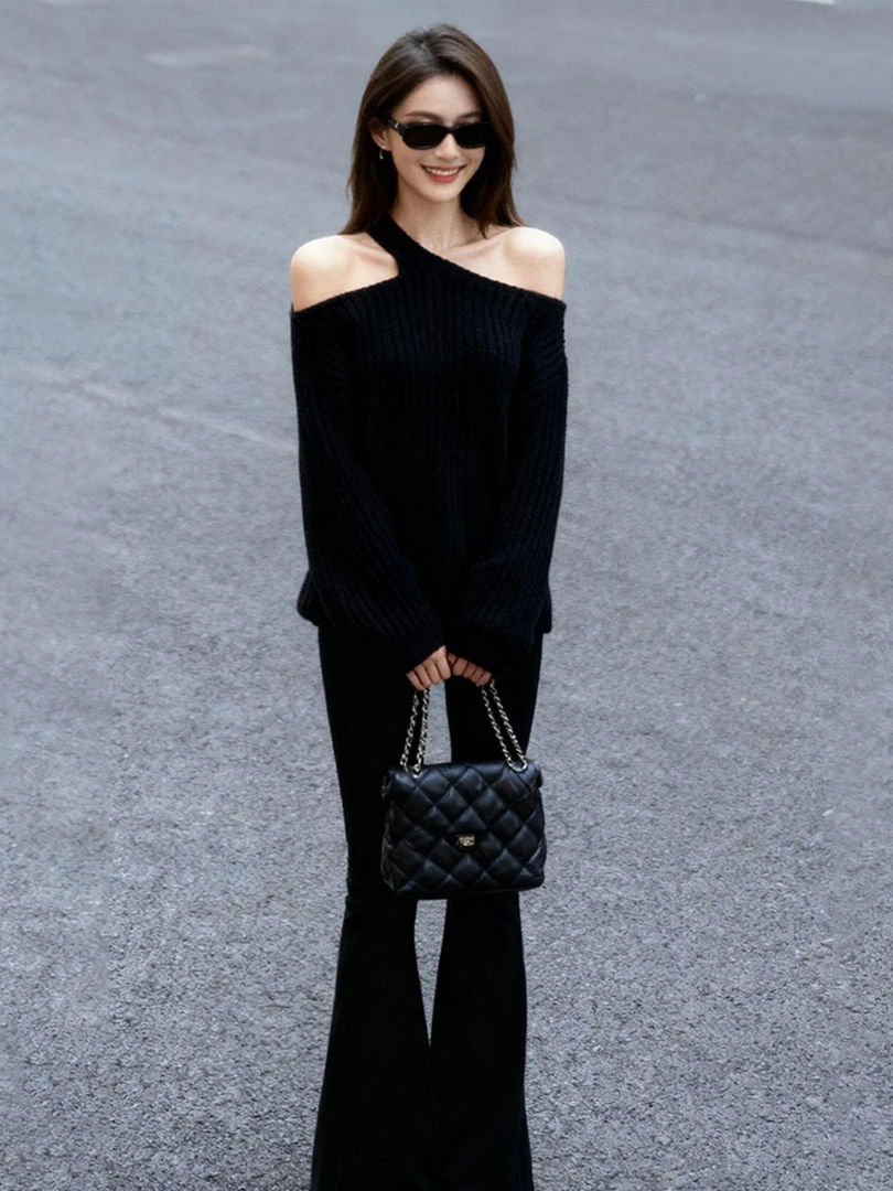 韩系氛围感挂脖针织衫女款秋季纯欲风修身显瘦长裤洋气减龄一整套