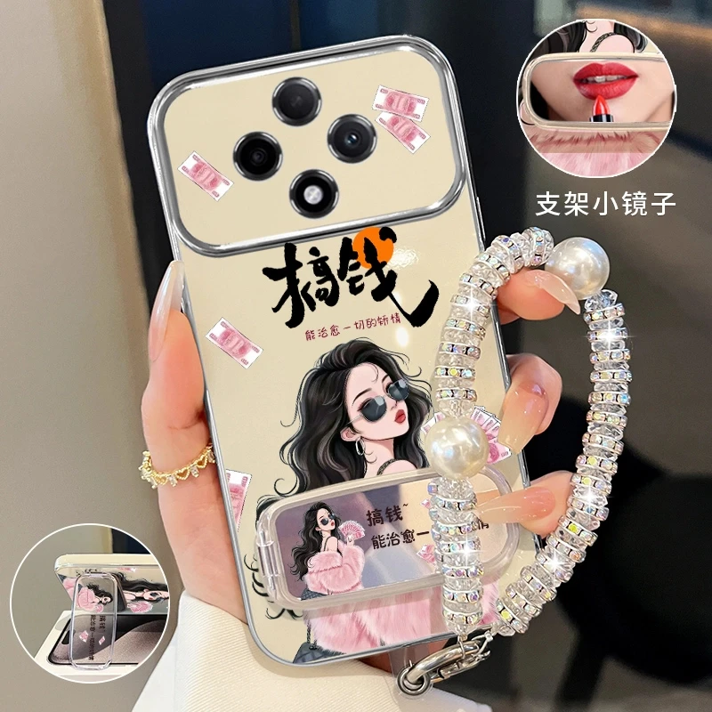 适用vivoy300pro搞钱小富婆手机壳补妆镜折叠支架防摔创意女款