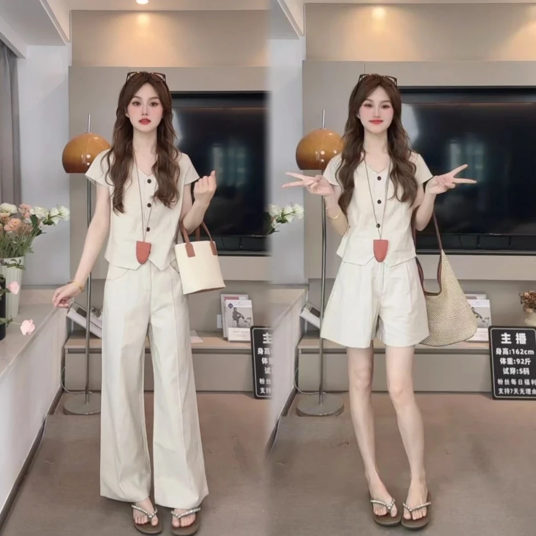 设计感套装女夏季2025新款洋气减龄裤子长短任选阔腿裤两件套