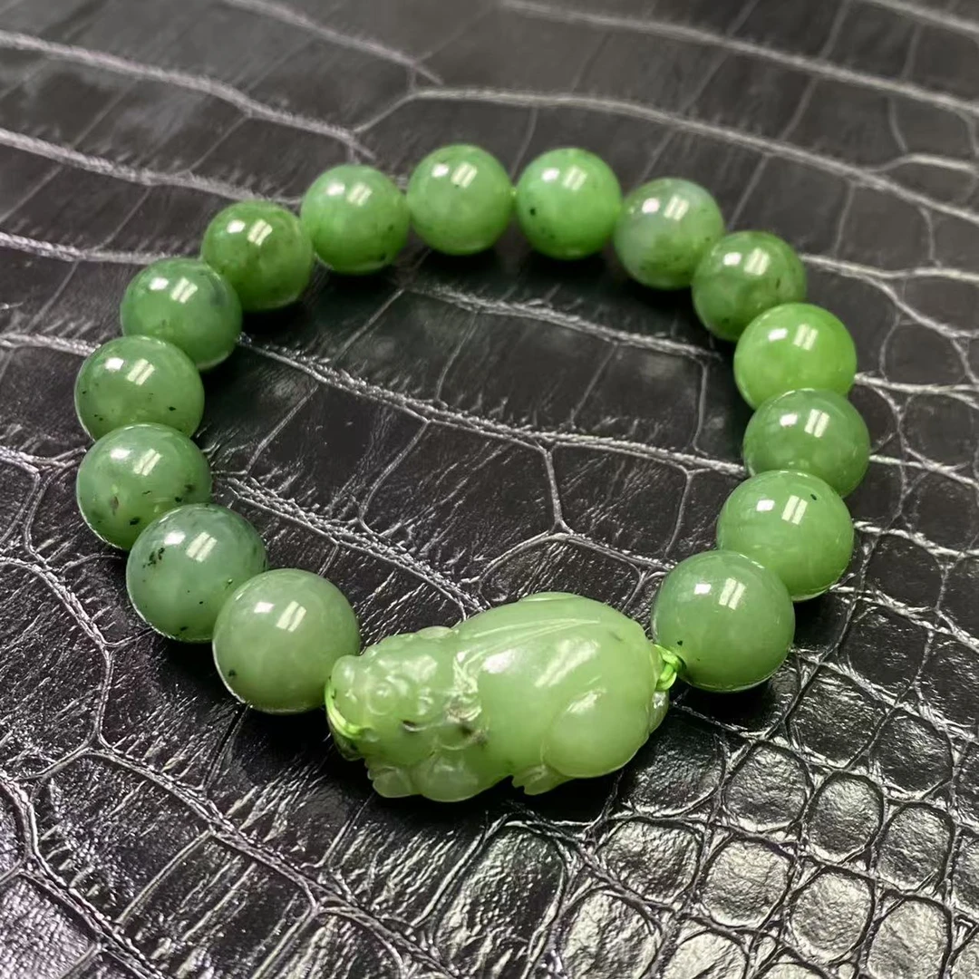 【迈越珠宝】天然和田玉貔貅手串乌兰海猕猴桃碧玉貔貅手串男女款