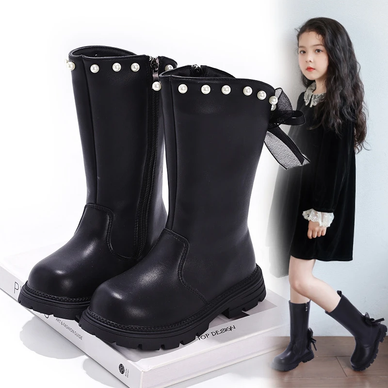 女童靴子加绒长筒马丁靴2025新款秋冬洋气法式高筒靴蕾丝公主棉靴