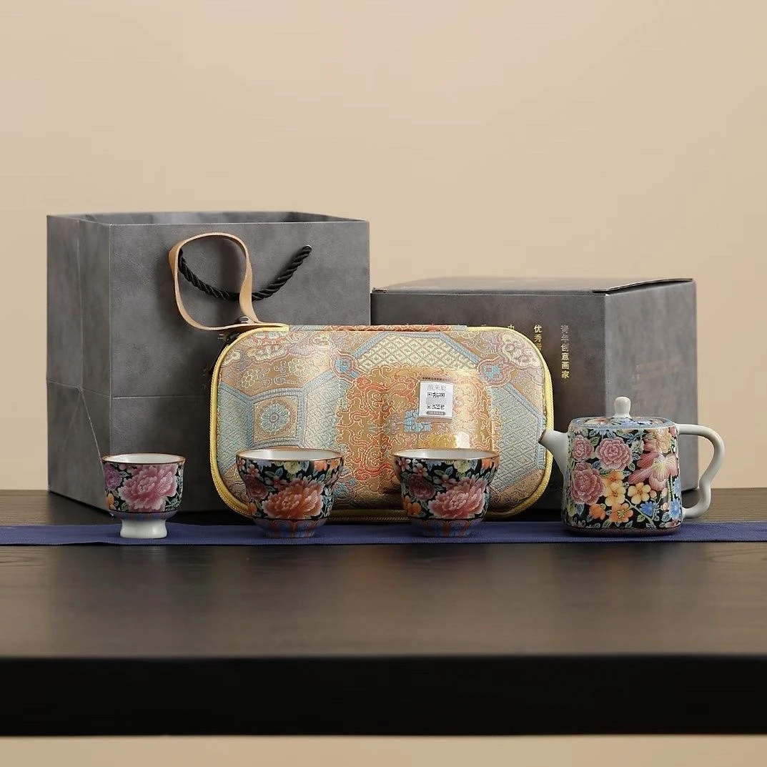 颜荣聪黑底万花四方壶一壶三杯旅行套中式便携式旅行茶具0017