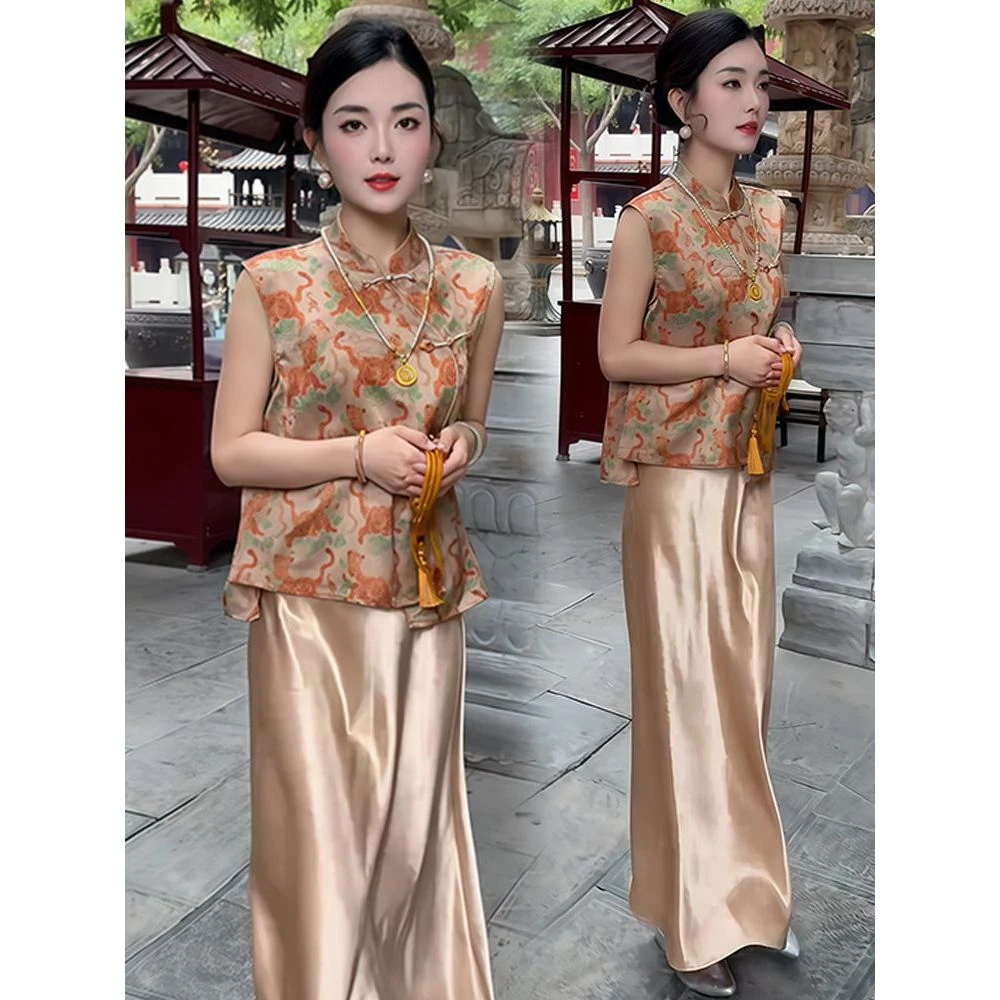 财阀千金气质时尚套装女2025年夏季新款提花坎肩上衣后妈裙两件套