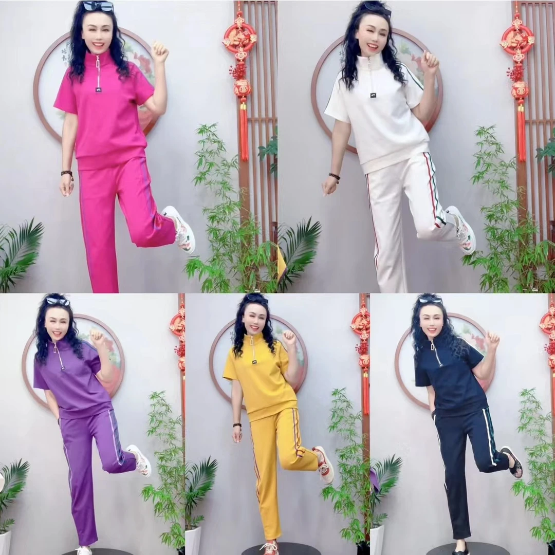 （衣长64裤长94左右）立领半拉链短袖女休闲裤运动套装3288