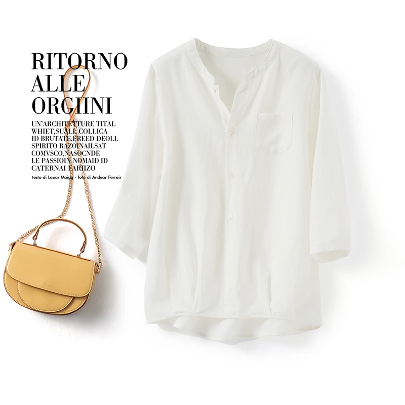 【程程】休闲百搭衬衫女夏季新款大码立领五分袖中袖天丝亚麻衬衣