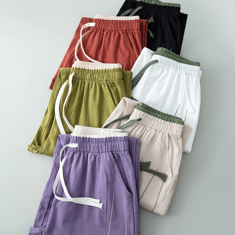 【天丝棉麻】夏季凉爽丝滑长裤撞色抽绳弹力休闲哈伦裤百搭显瘦