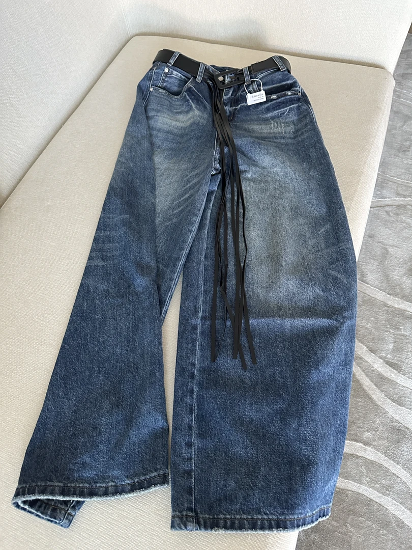 【RoMee-萝密】设计师蓝色牛仔阔腿裤配腰带时尚百搭水洗轻奢阔腿库