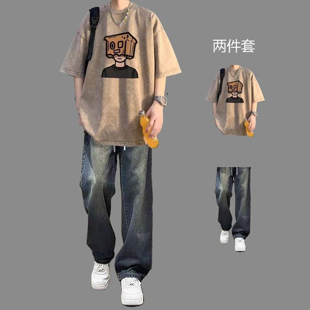 2025新款水洗短袖男夏季重磅纯棉t恤男生美式复古潮牌半袖体恤衫