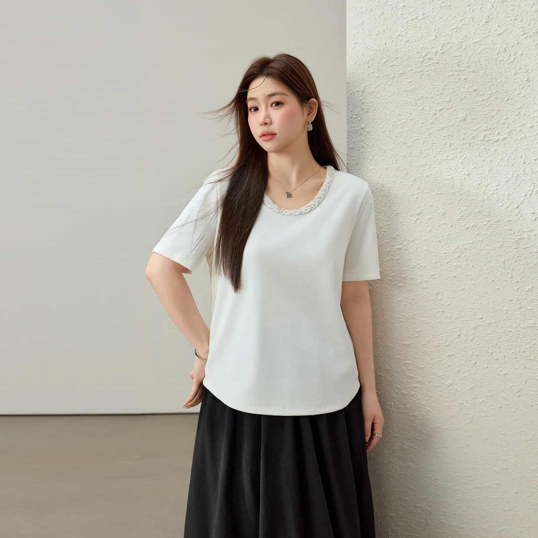 【简约别致T恤】纤莉秀E大码女装时髦织带休闲个性百搭T恤QK2355