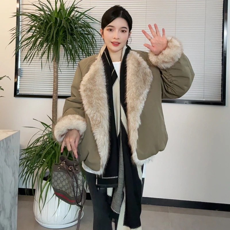 高端欧货2025年冬装新款大翻领开衫两面穿加绒保暖短外套女