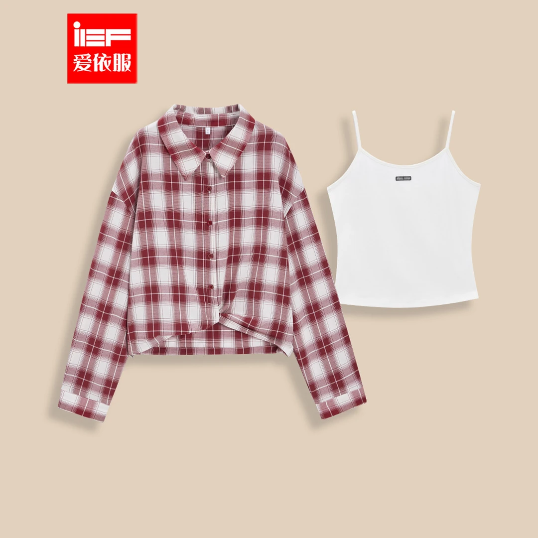 IEF/爱依服2025夏秋新款韩版休闲运动风吊带格子衬衫两件套上衣