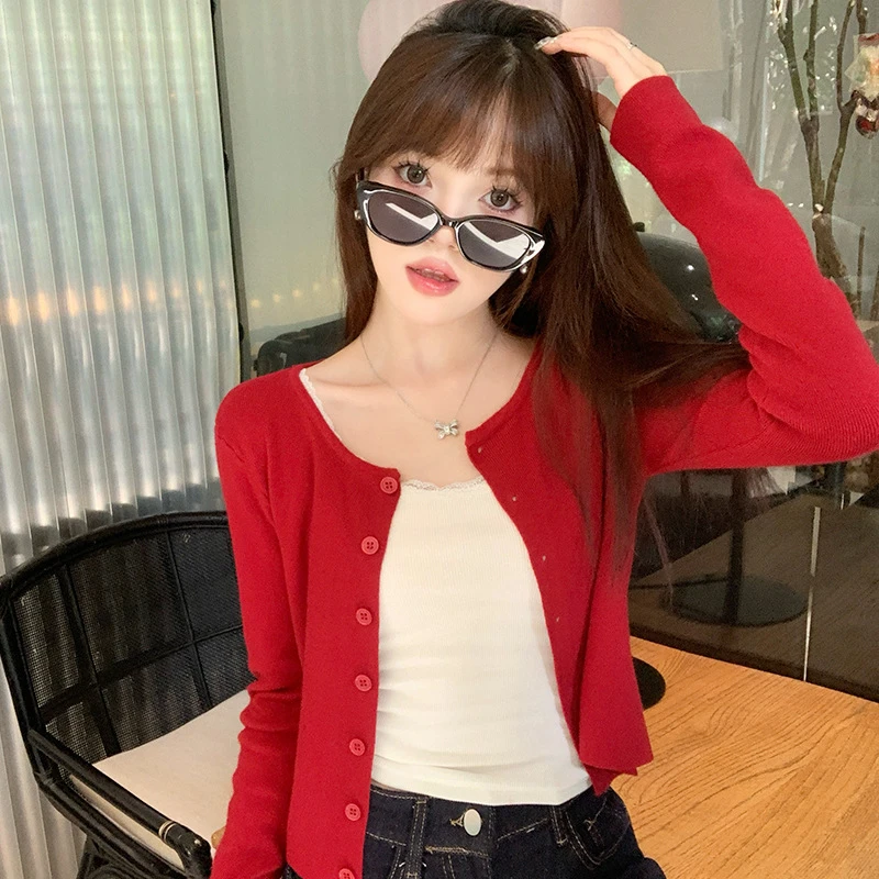 红色开衫毛衣女2025新款春秋针织衫外搭外套短款小个子修身上衣