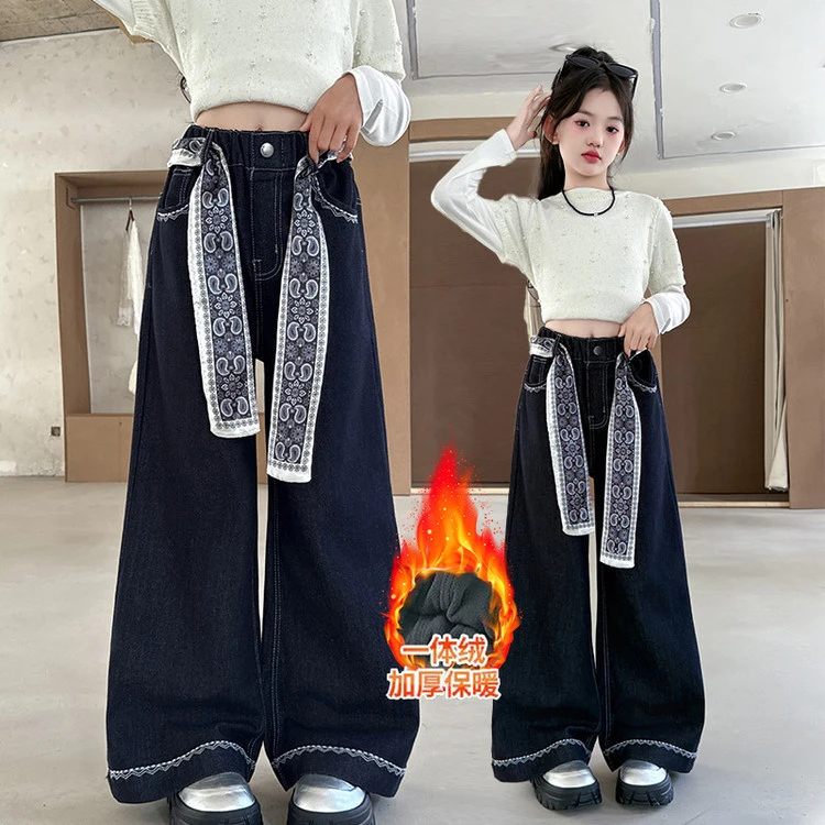 女童加绒牛仔裤2025年新款儿童窄版阔腿裤子冬装一体绒直筒长裤子