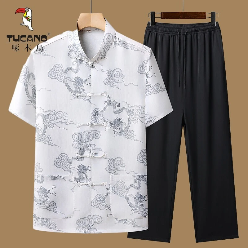 啄木鸟时尚夏季薄款短袖唐装男套装中老年爸爸装衬衫爷爷国风衣服