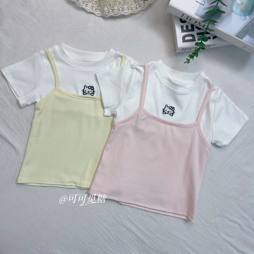 【可可觅糖】2025年新款可爱猫咪假两件拼接短袖T恤A429