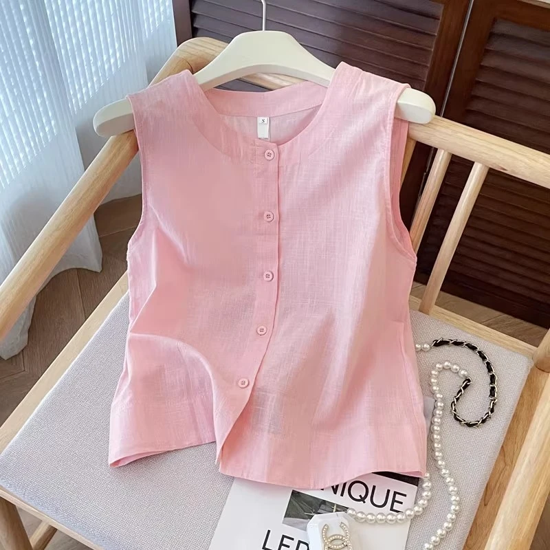 法式设计感小众别致漂亮粉色无袖衬衫背心2025夏新款独特漂亮上衣
