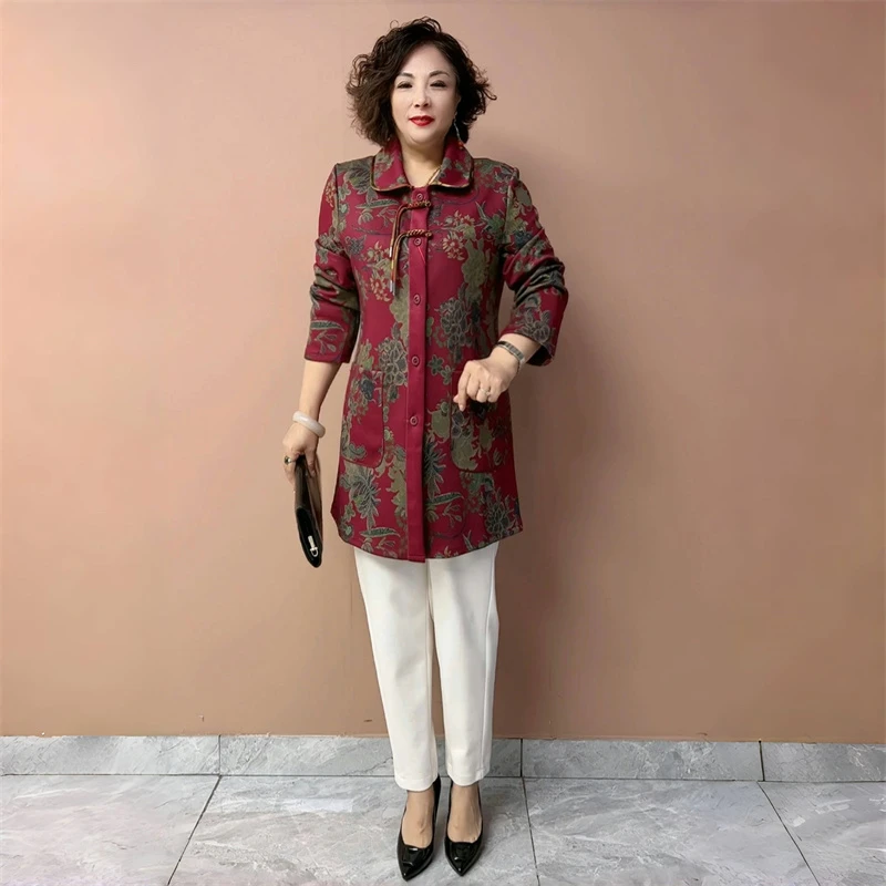 905春秋长袖高端中老年妈妈国风盘口中长款时尚气质风衣大码外套
