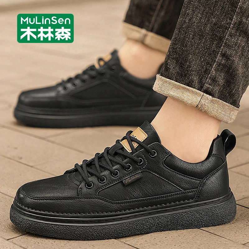 木林森板鞋男2025秋季新款皮面防水百搭运动厚底增高休闲低帮潮鞋