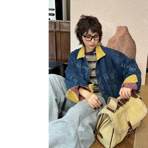 HY罗罗【领口拼色夹棉牛仔外套】秋冬休闲时尚百搭牛仔外套设计师款
