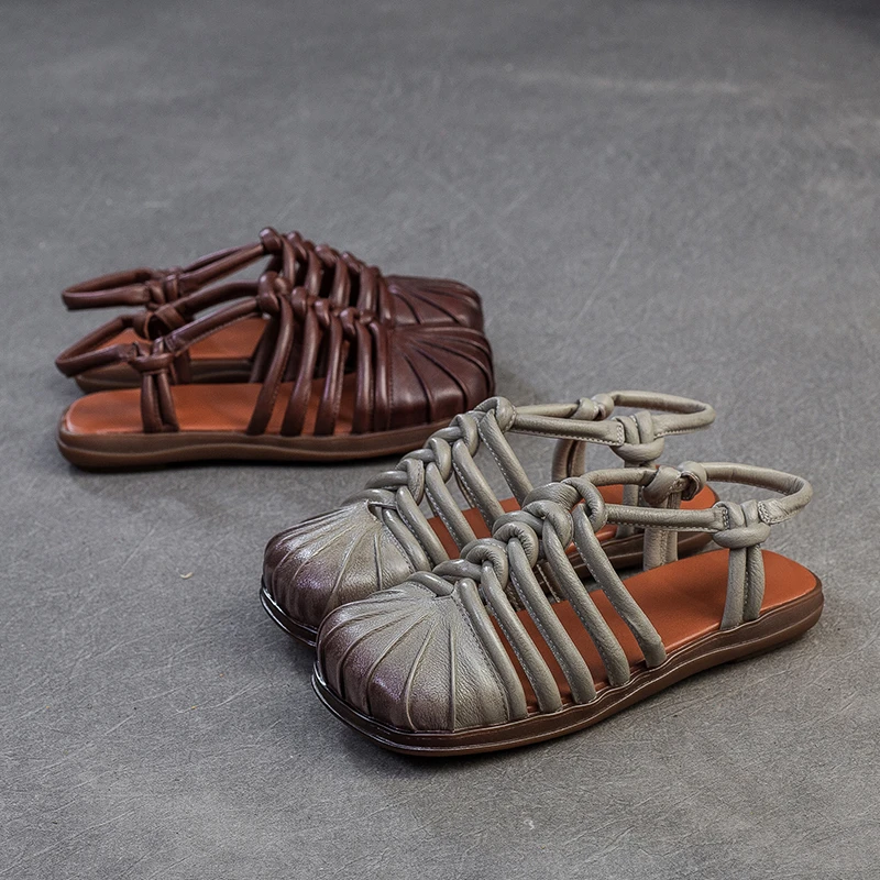 手工编织包头凉鞋女头层牛皮2025新款夏季镂空时装凉鞋平底软底潮