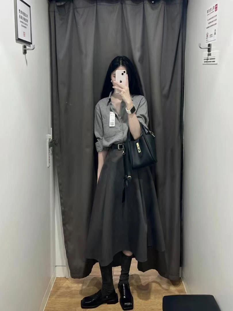 【安妮不语】时尚秋季灰色浅色衬衫开衫薄款灰色半身裙两件套装