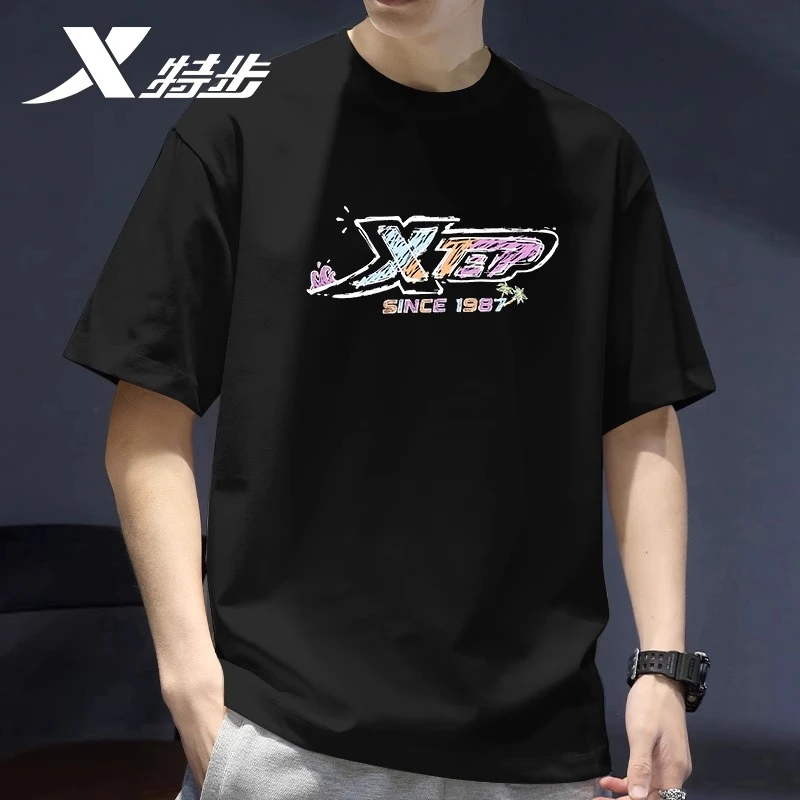 特步纯棉短袖男2025秋季新款男士潮流宽松运动服跑步羽毛球T恤男