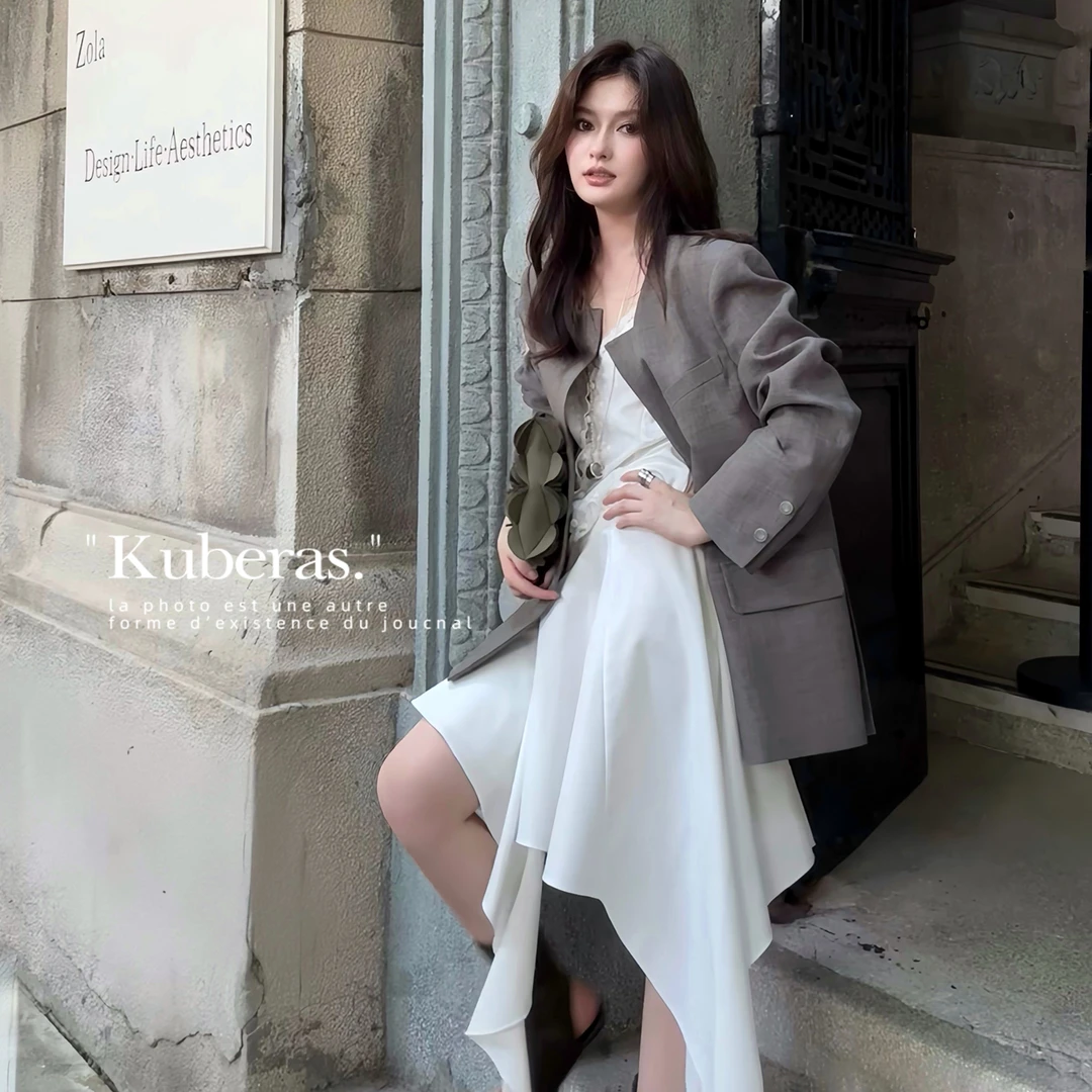 KUBERAS 休闲宽松方领单排扣显瘦廓形西装外套高级感小众通勤西服