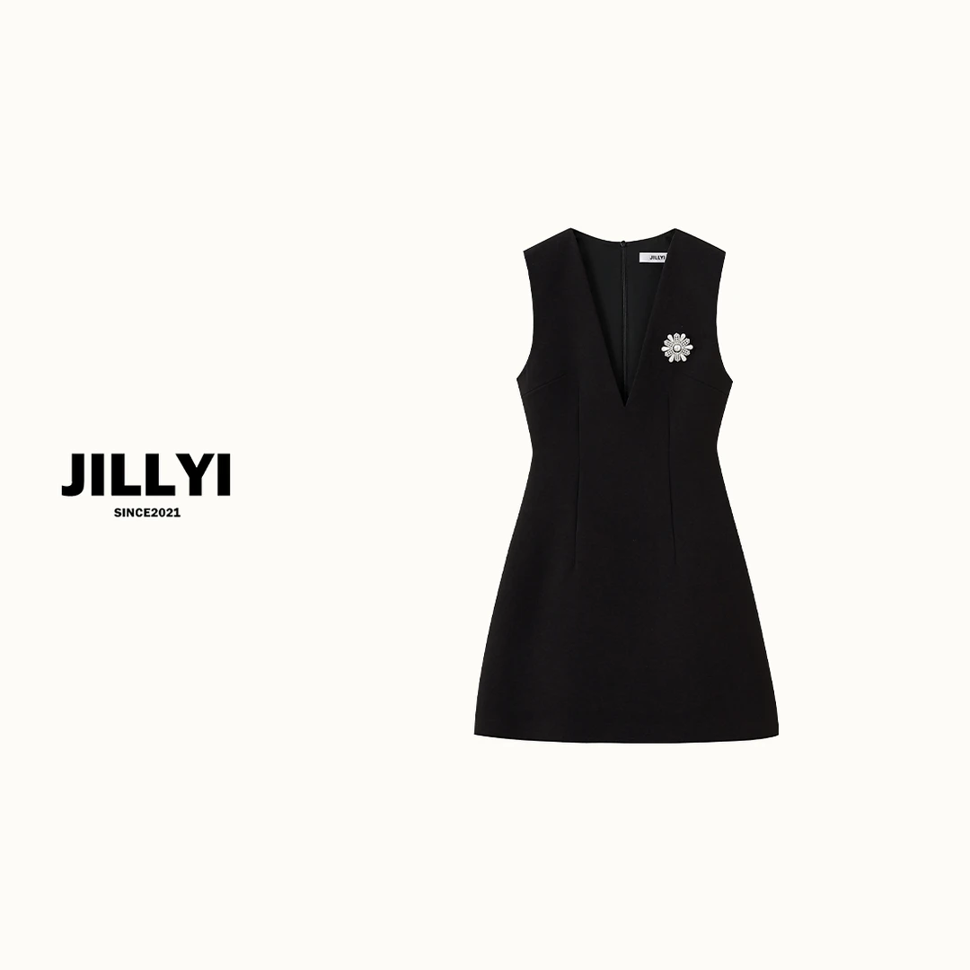 JILLYI【秋季限定】黑色V领雪花胸针高冷气质时尚连衣裙
