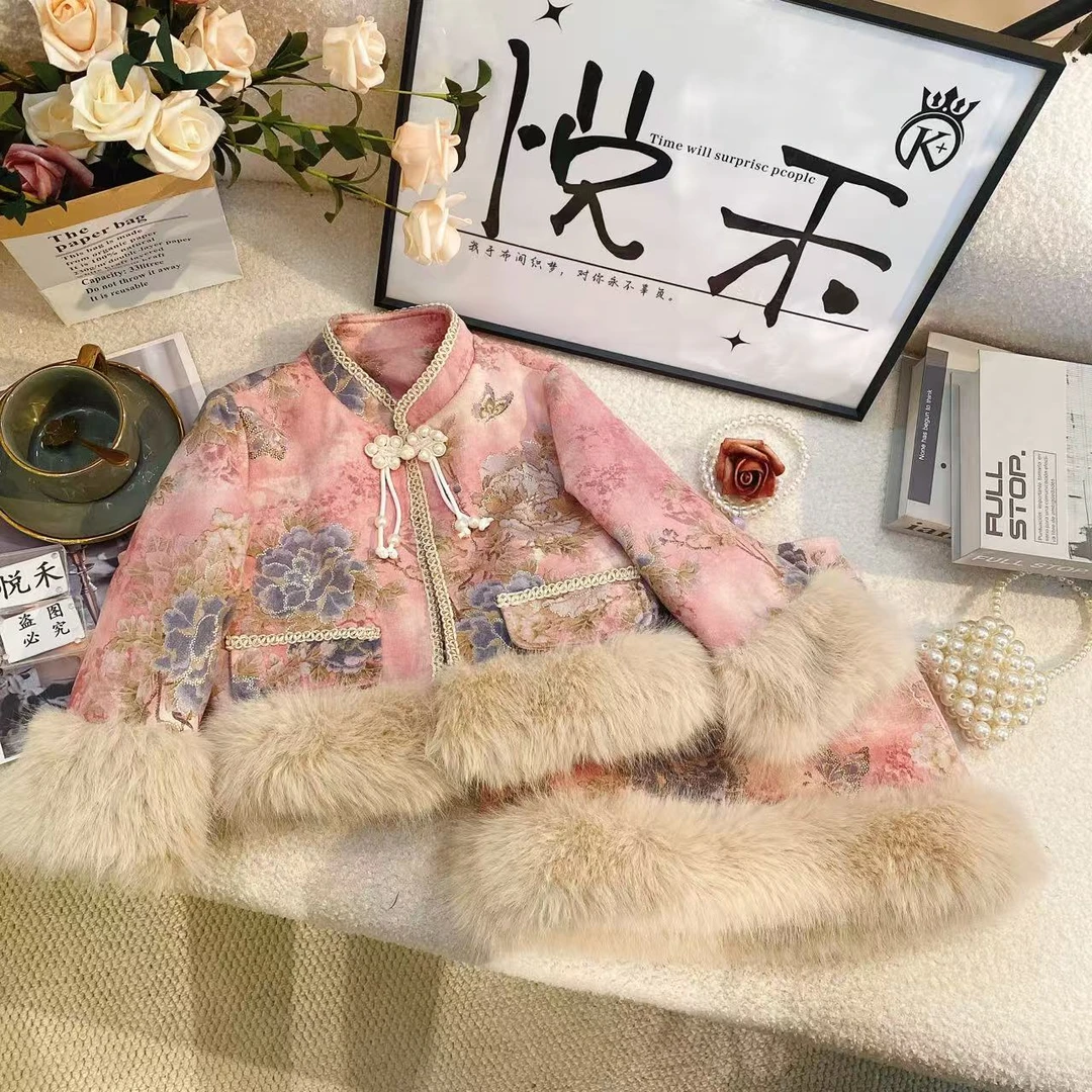 SD【粉蝶恋】萌娃冬装新款嫩粉色加绒暖冬拜年服国风毛感套装6459