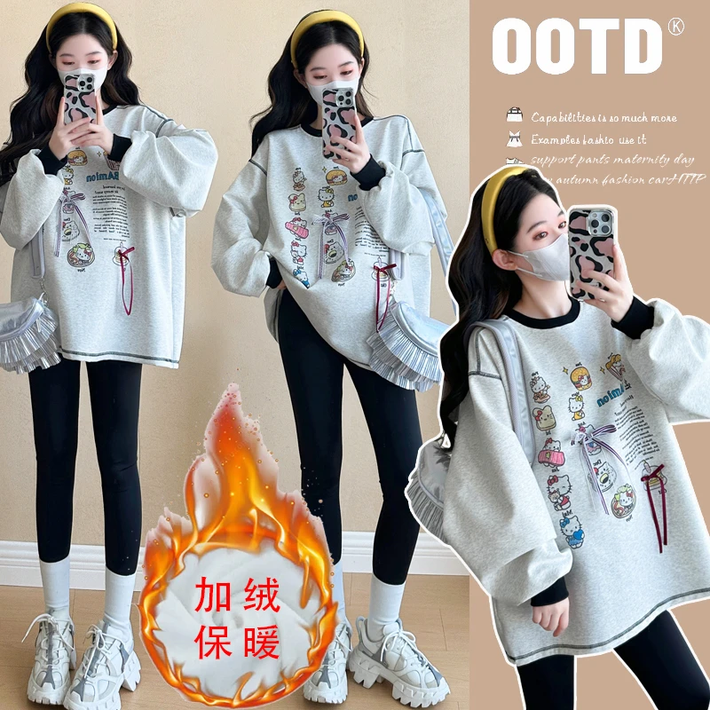 孕妇装秋冬加绒卫衣时尚慵懒风3D卡通印花减龄遮肚子宽松T恤上衣