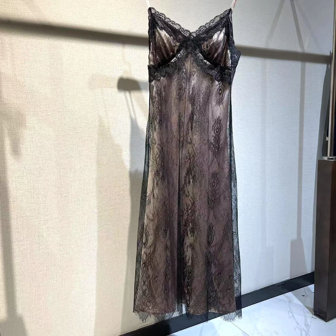 【日月禾】100%桑蚕丝蕾丝睡衣气质性感吊带D2340