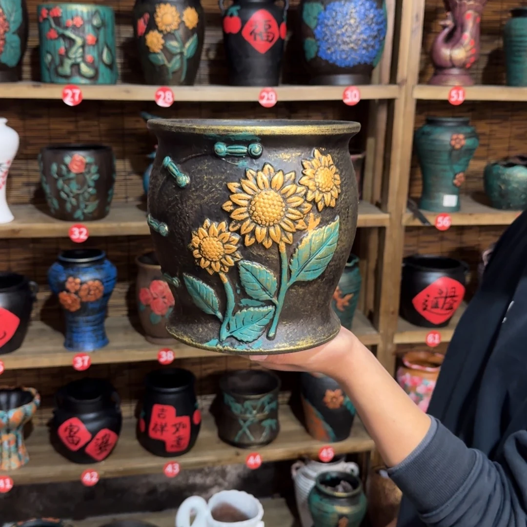 带孔高端红陶浮雕花盆炸炸炸