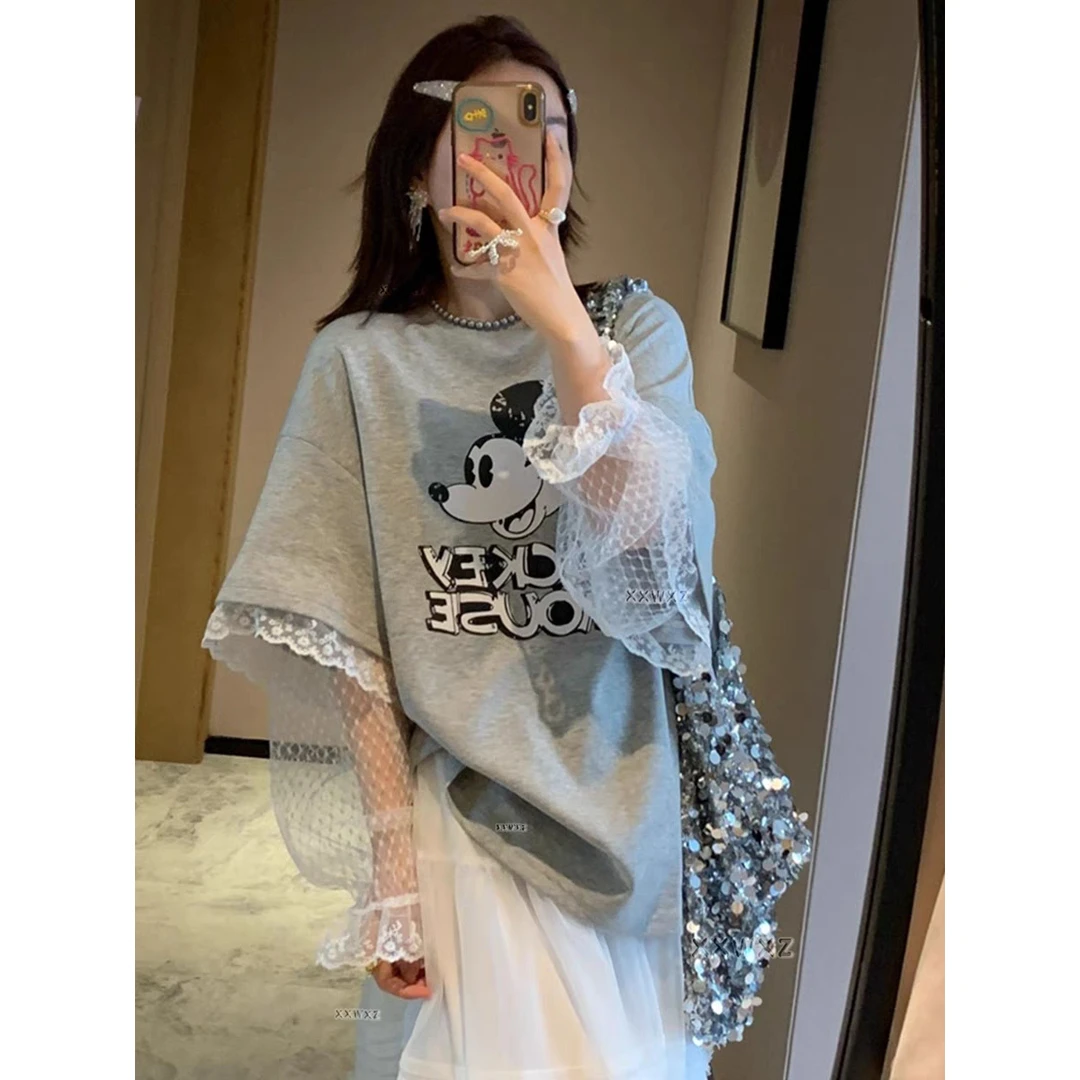 韩国东大门春季夏款减龄小衫卡通米奇蕾丝拼接假两件圆领休闲T恤