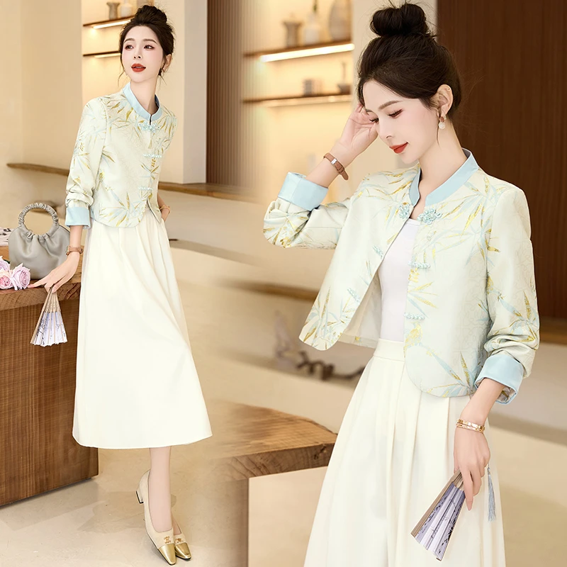 新中式g风烫金印花盘扣衬衫女2024春秋新款温柔复古改良旗袍外套