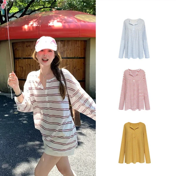 夏日松弛感宽松慵懒条纹长袖防晒衣半开领休闲T恤气质百搭上衣女