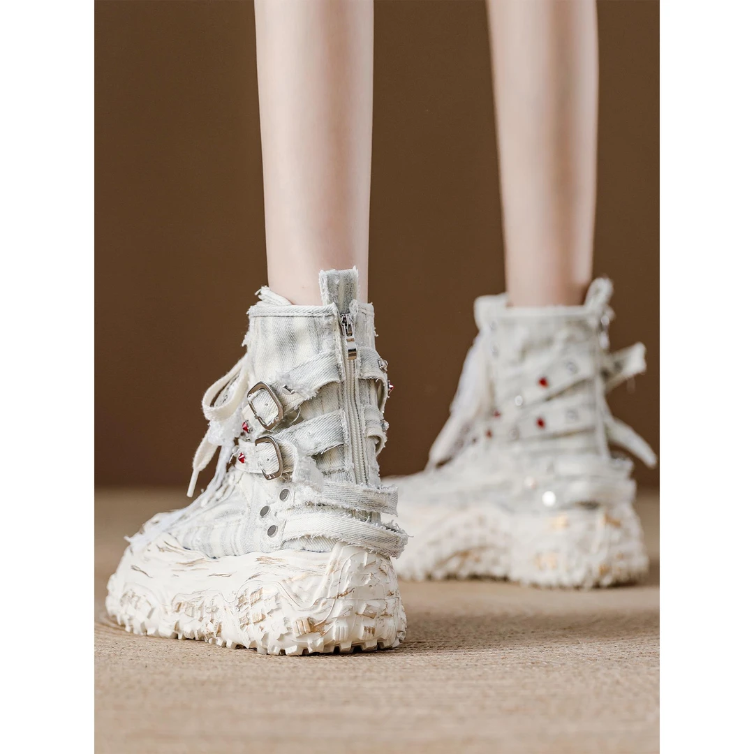 复古贝壳头高帮帆布鞋女2025秋季新款牛仔布女鞋软底轻便机车短靴