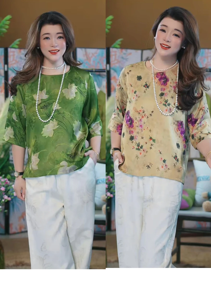 【香云纱圆领中袖莲花上衣】显瘦透气凉爽遮肉款