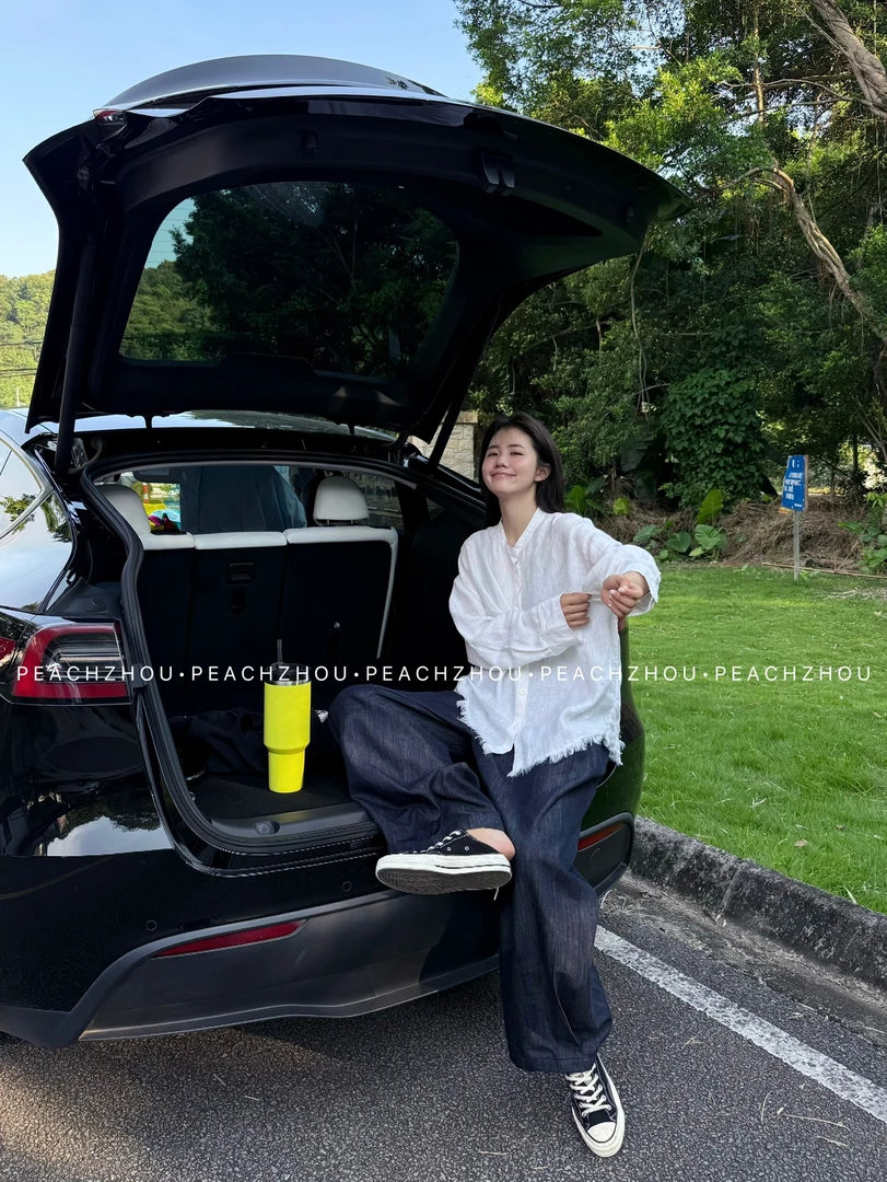 『PEACHZHOU』100亚麻流苏毛边宽松圆领衬衫极简休闲松弛长袖衬衣