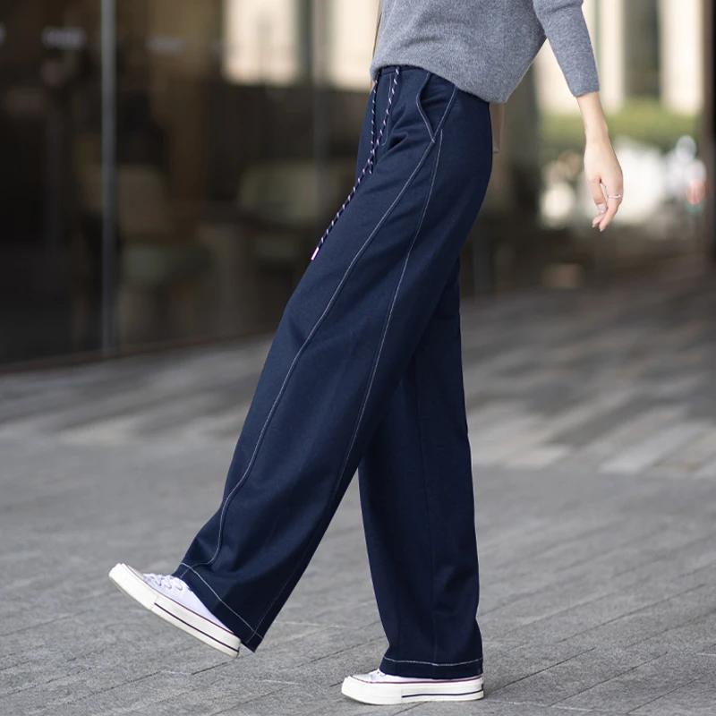 藏蓝色毛呢裤子女小众炸街高级感女装秋冬垂感加厚高腰弯刀阔腿裤