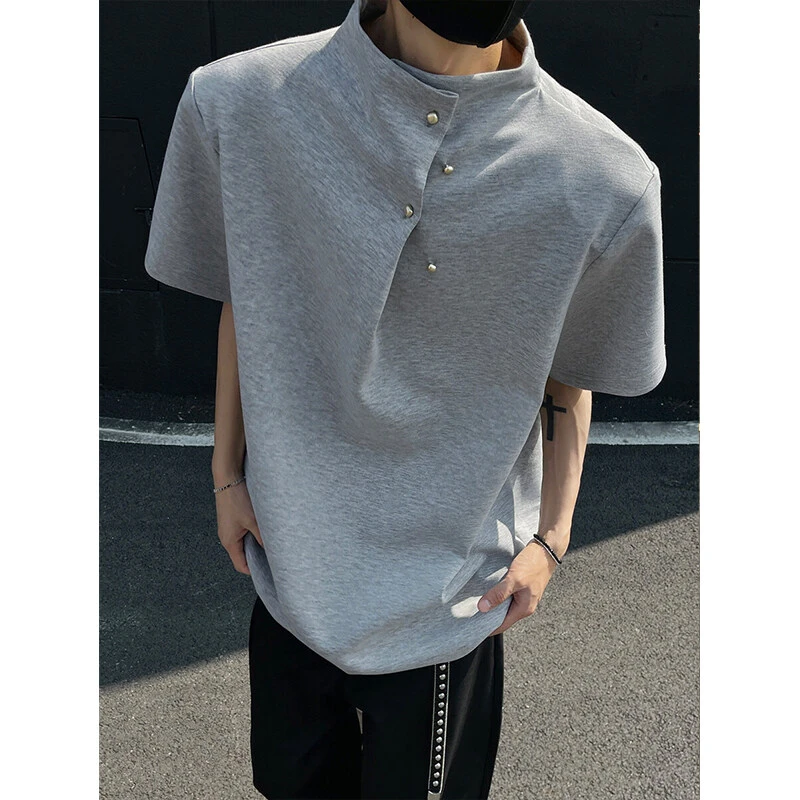 260g重磅灰色短袖T恤男款不规则纽扣高级感垫肩潮牌痞帅立领体恤