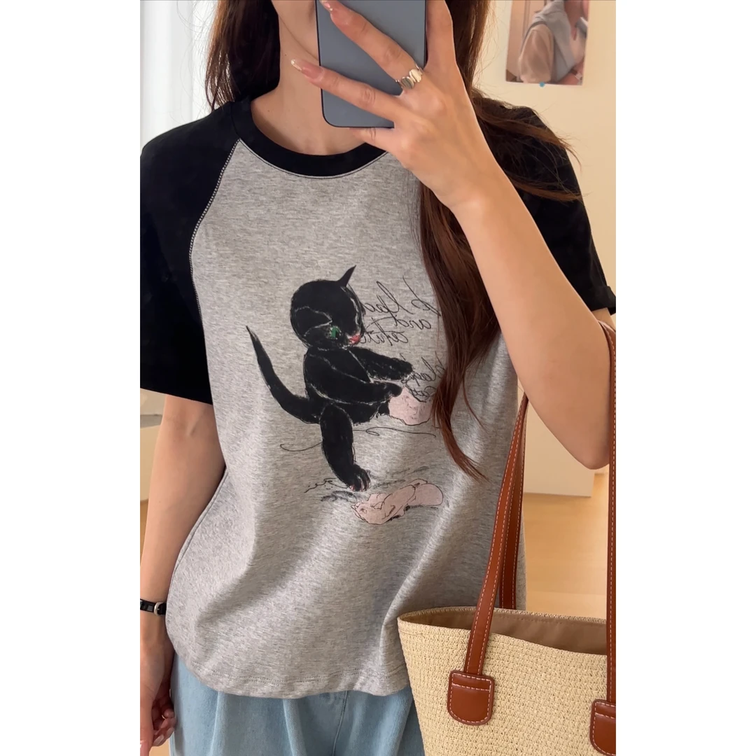 【漫画小猫】A东大门韩版百搭拼接撞色圆领百搭小猫图案T恤2294