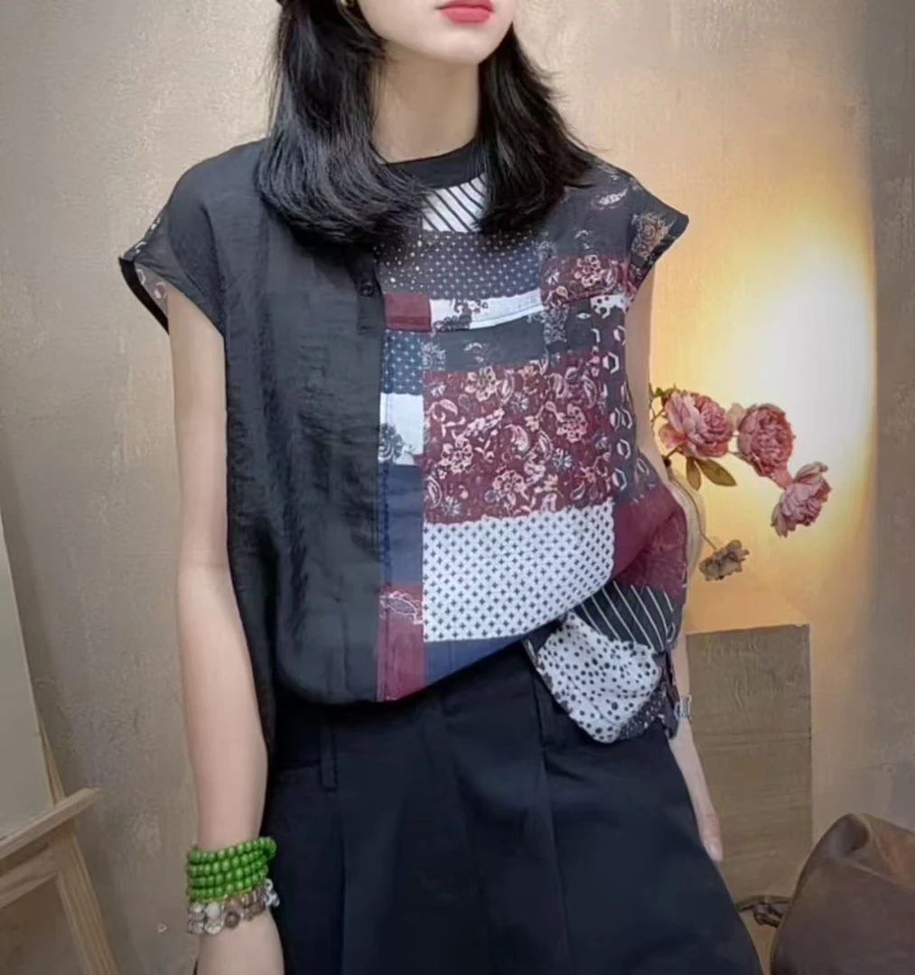 夏季新款透气天丝麻料印花拼接圆领短袖薄款女