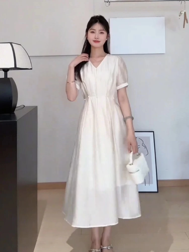 TY S胸102长104法式V领通勤套头连衣裙设计感长款复古裙子 9233