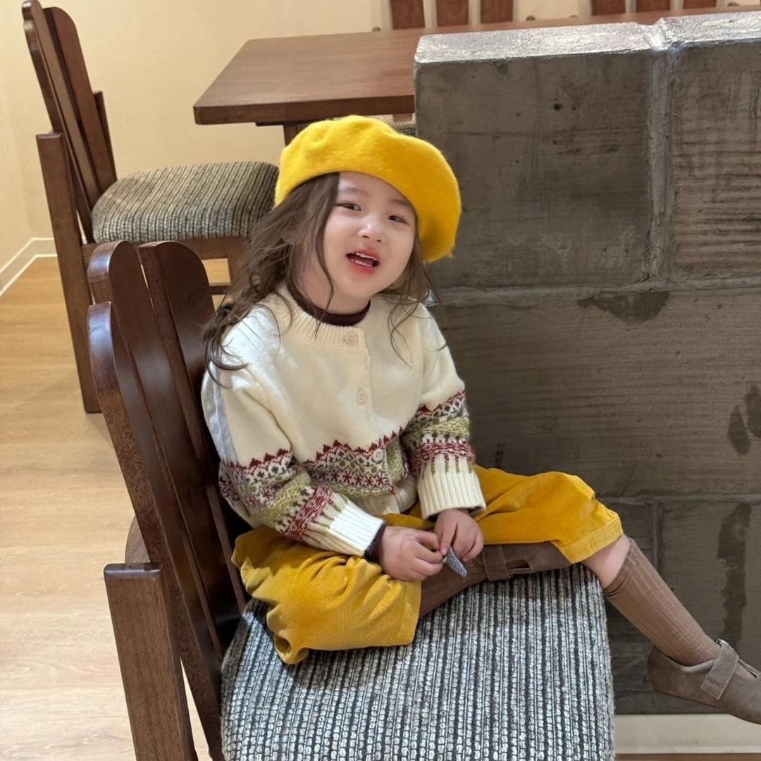 壹妈童装韩版女童洋气套装秋季新款儿童复古毛衣开衫外套黄色长裤
